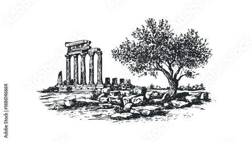 Sketch of ancient column ruins beside a textured olive tree and scattered stones. Vector hand drawn illustration
