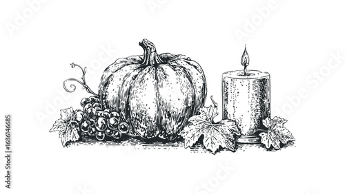 Sketch of a pumpkin with grapes and a lit candle surrounded by autumn leaves. Vector hand drawn illustration