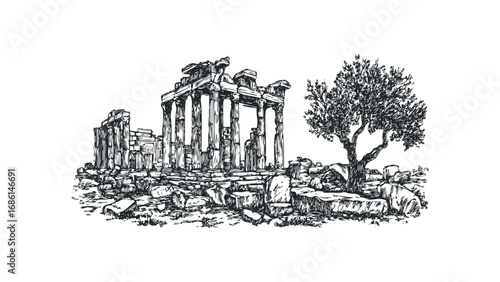 Ancient Greek temple ruins with a lone tree. Vector hand drawn illustration