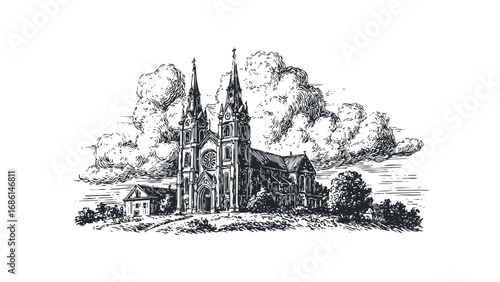 Ornate Gothic church with twin spires against a dramatic cloudy sky. Vector hand drawn illustration