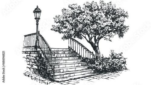 Sketchy stone steps with railing, tree, and lamp post on transparent background. Vector hand drawn illustration