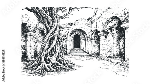 Ancient stone ruins with a large gnarled tree and arched passageway. Vector hand drawn illustration
