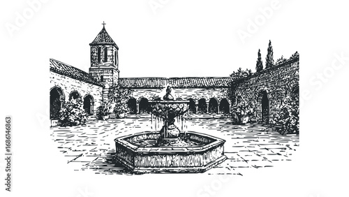 Sketch of a stone courtyard with a fountain and bell tower. Vector hand drawn illustration