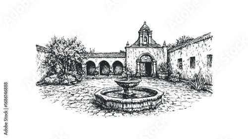 Sketch of historic courtyard with fountain and arched walkway. Vector hand drawn illustration