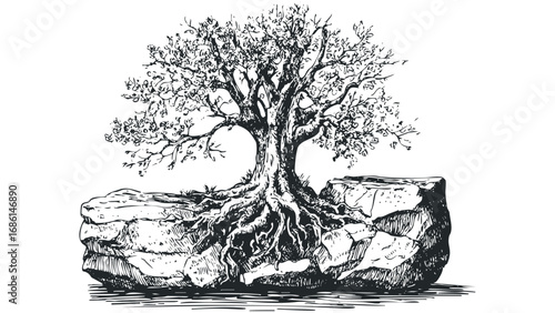 Sketch of a mature tree with exposed roots growing on large rocks. Vector hand drawn illustration