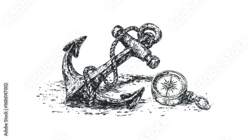Nautical anchor and compass sketch on transparent background. Vector hand drawn illustration