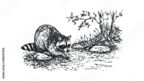 Hand-drawn sketch of a raccoon drinking water from a stream with a tree and grass. Vector hand drawn illustration