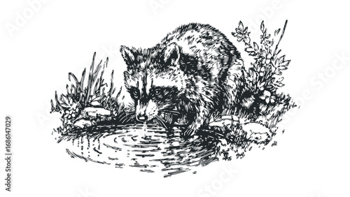 Detailed sketch of a raccoon drinking water from a pond surrounded by plants and rocks. Vector hand drawn illustration