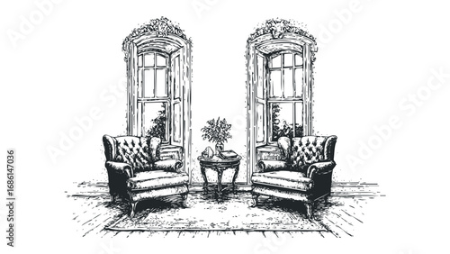 Two ornate wingback chairs flank a small table with flowers and a book between arched windows. Vector hand drawn illustration