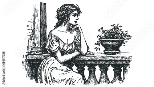 Victorian Era Woman with Elaborate Hairstyle Sitting on Balcony with Potted Flowers. Vector hand drawn illustration
