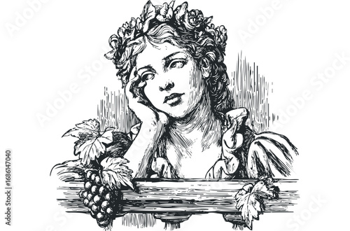 Pensive woman with floral wreath and grapes overhead. Vector hand drawn illustration