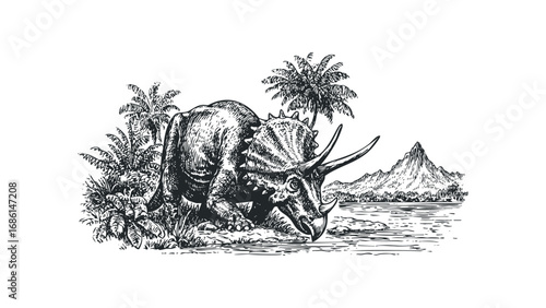 Triceratops dinosaur drinking water beside palm trees and mountain landscape. Vector hand drawn illustration