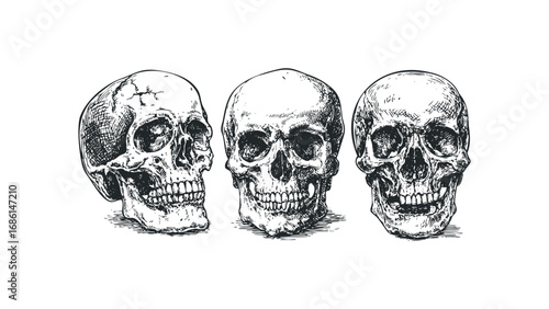 Three detailed human skulls with detailed texture on a transparent background. Vector hand drawn illustration