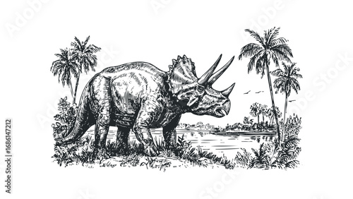 Triceratops dinosaur standing by a lake with palm trees. Vector hand drawn illustration