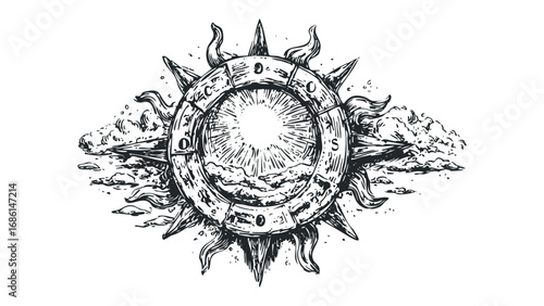 Sun compass with celestial elements and directional markers. Vector hand drawn illustration