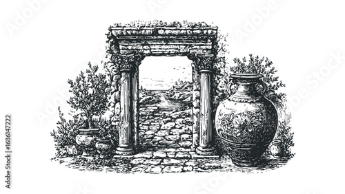 Ancient stone archway with ornate vase and potted plants reveals coastal view. Vector hand drawn illustration