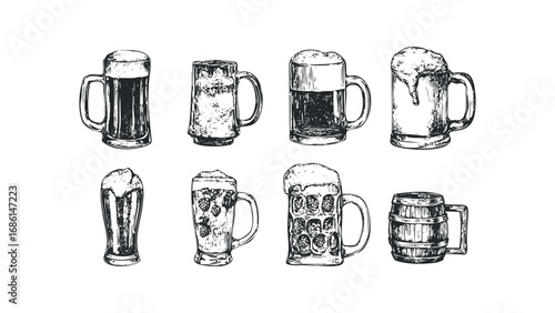 Collection of Hand-Drawn Beer Mugs and Wooden Barrels. Vector hand drawn illustration
