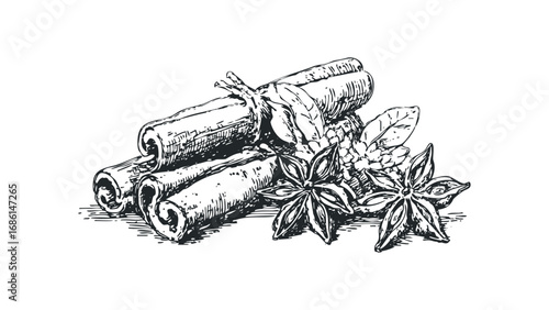 Hand-drawn sketch of cinnamon sticks and star anise spices. Vector hand drawn illustration