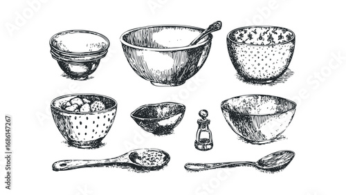 Sketch of Various Bowls and Spoons with Ingredients. Vector hand drawn illustration