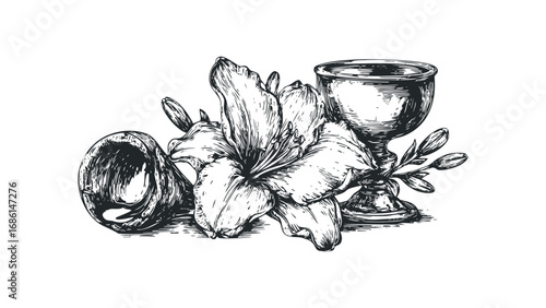 Lily flower with chalice and buds in vintage sketchy style. Vector hand drawn illustration