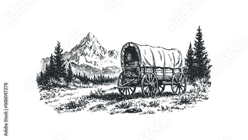 Old covered wagon with mountain and pine trees, black and white sketch. Vector hand drawn illustration