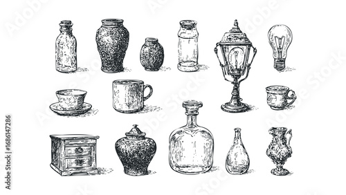Sketch Collection of Antique Vessels and Lighting Fixtures on Transparent Background. Vector hand drawn illustration