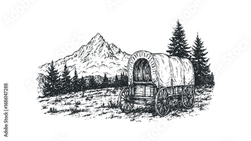 Covered wagon parked in wilderness landscape with snow-capped mountain and pine trees. Vector hand drawn illustration