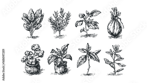 Hand-drawn botanical sketch of assorted herbs and vegetables on a white background. Vector hand drawn illustration