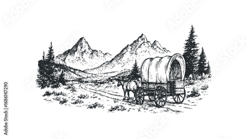 Vintage horse-drawn covered wagon on a path with mountains and pine trees sketch. Vector hand drawn illustration