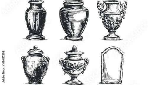 Collection of Engraved Classical Urns and Pedestal on Transparent. Vector hand drawn illustration