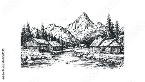 Vintage Wood Cabin Village Beside River with Mountain Vista. Vector hand drawn illustration