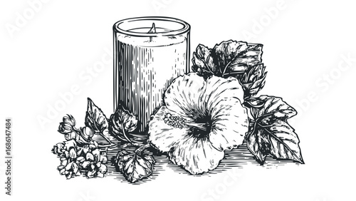 Etching of a cylindrical candle with tropical flower and foliage. Vector hand drawn illustration