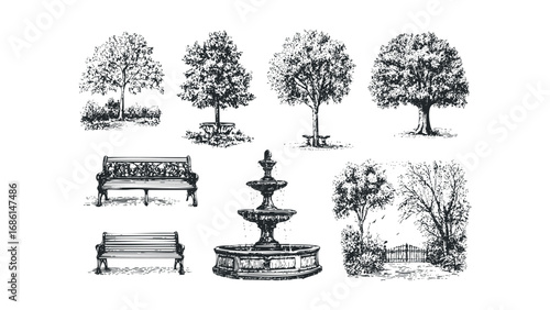 Collection of park elements including trees, benches and fountain in vintage sketch style. Vector hand drawn illustration