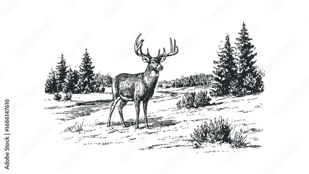 Obraz premium Majestic stag with large antlers stands in a winter landscape with pine trees. Vector hand drawn illustration