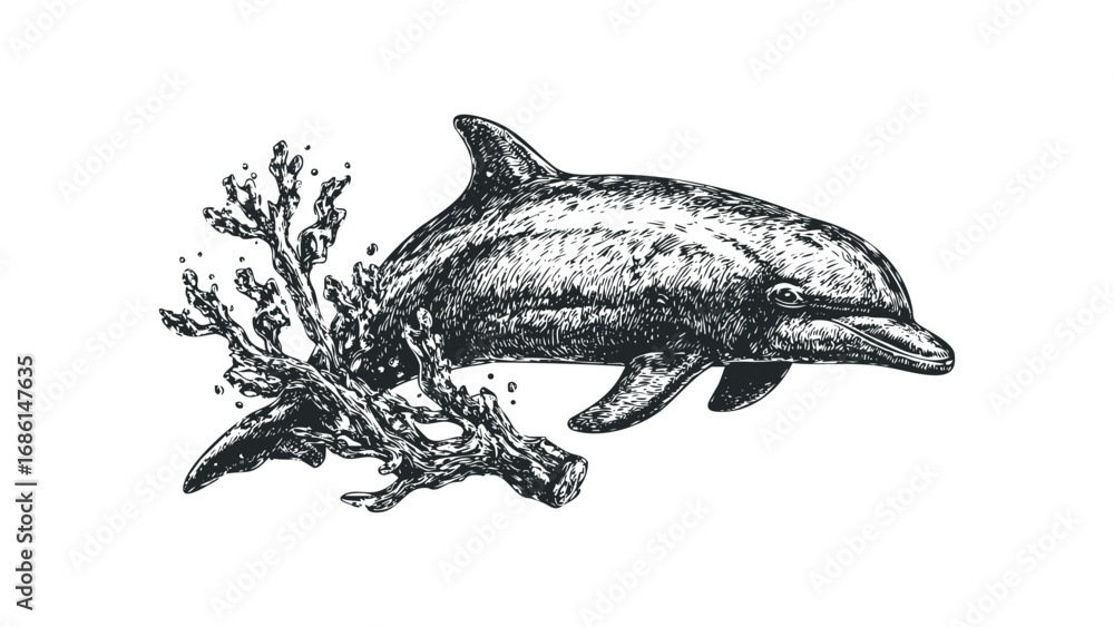 Fototapeta premium Dolphin swimming near textured aquatic plant with water droplets. Vector hand drawn illustration