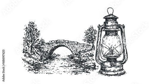 Sketch of old stone bridge with creek and lantern on transparent background. Vector hand drawn illustration