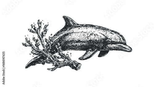 Dolphin swimming near textured aquatic plant with water droplets. Vector hand drawn illustration