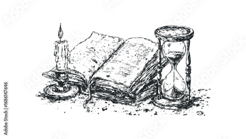 Sketch of an open book with a lit candle and hourglass. Vector hand drawn illustration