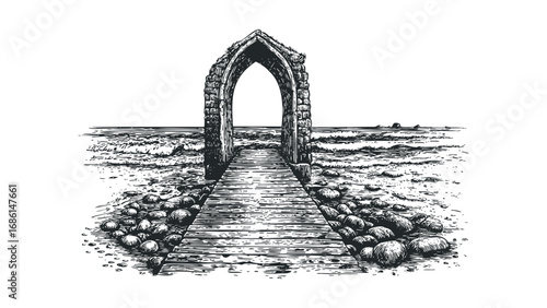 Stone Archway Overlook to Ocean Waves and Shoreline with Wooden Path. Vector hand drawn illustration