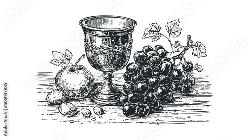 Engraved still life of an ornate goblet, grapes and an apple on a wooden surface. Vector hand drawn illustration