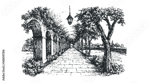 Black and white sketch of a stone pathway lined with arches and trees leading to distance. Vector hand drawn illustration