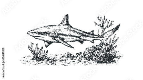 Sketch of a Shark Swimming Near Coral Reefs in Monochrome. Vector hand drawn illustration