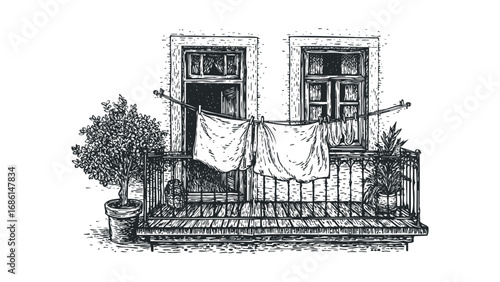 Sketch of a Balcony with Potted Plants and Laundry Hanging to Dry. Vector hand drawn illustration