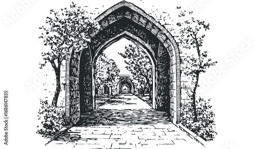 Ornate Stone Archway Entrance to Tranquil Tree-Lined Pathway. Vector hand drawn illustration