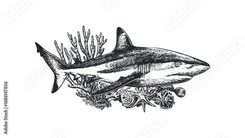 Ink sketch of a shark swimming with coral and seashells. Vector hand drawn illustration