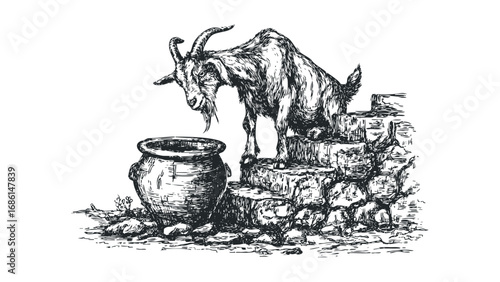 Sketch of a goat standing on stone steps beside a large pot. Vector hand drawn illustration