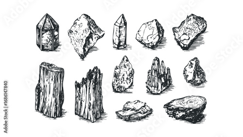 Collection of rough gemstones and wood stumps with hand-drawn hatching. Vector hand drawn illustration
