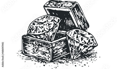 Treasure Chest Overflowing with Diamonds Transparent. Vector hand drawn illustration