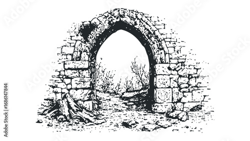 Ruined stone archway with weathered texture and overgrown foliage. Vector hand drawn illustration