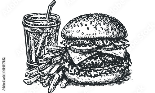 Hand Drawn Hamburger and French Fries with Soda. Vector hand drawn illustration